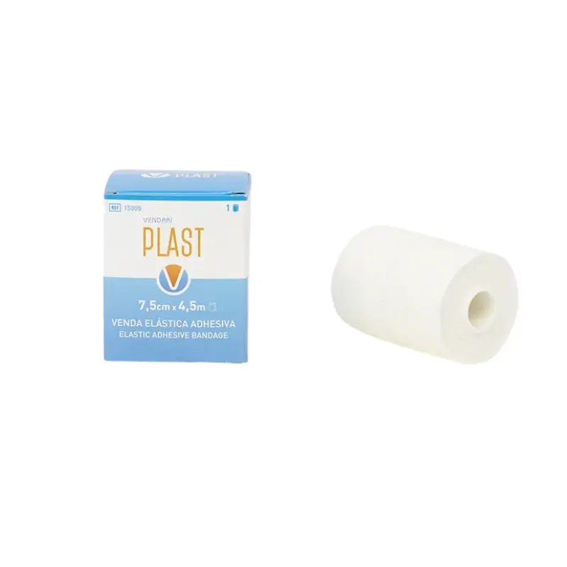Caja unitaria azul y blanca junto a un rollo de venda elástica adhesiva Vendari PLAST de 7,5 cm por 4,5 m.