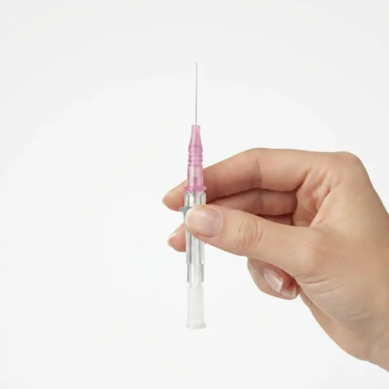 Mano sosteniendo verticalmente un catéter intravenoso BD Insyte 20GA de color rosa sobre fondo claro.