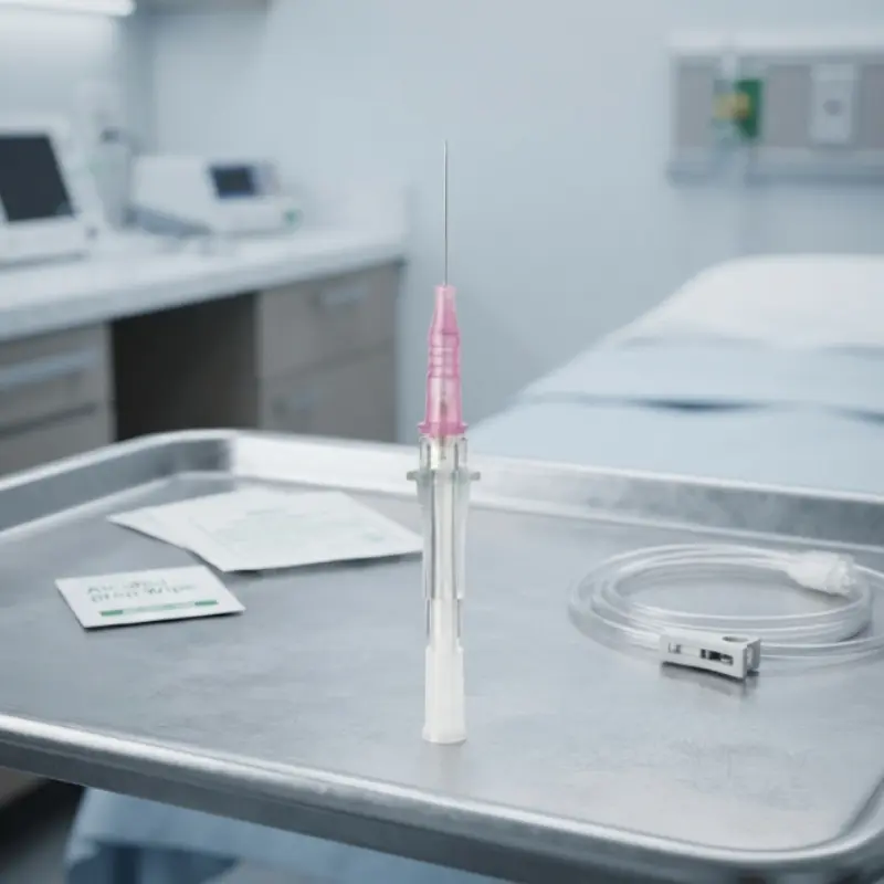 Catéter intravenoso BD Insyte 20GA colocado sobre una bandeja de acero inoxidable en una consulta médica.