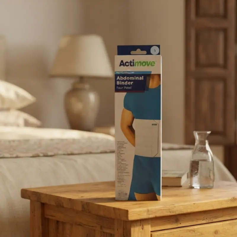 Caja de la faja abdominal Actimove Talla S apoyada sobre una mesa de madera en una habitación luminosa.
