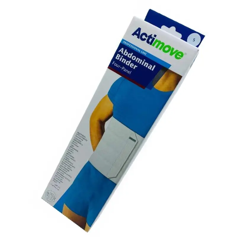 Caja de la faja abdominal Actimove Talla S con diseño de cuatro paneles sobre fondo blanco.
