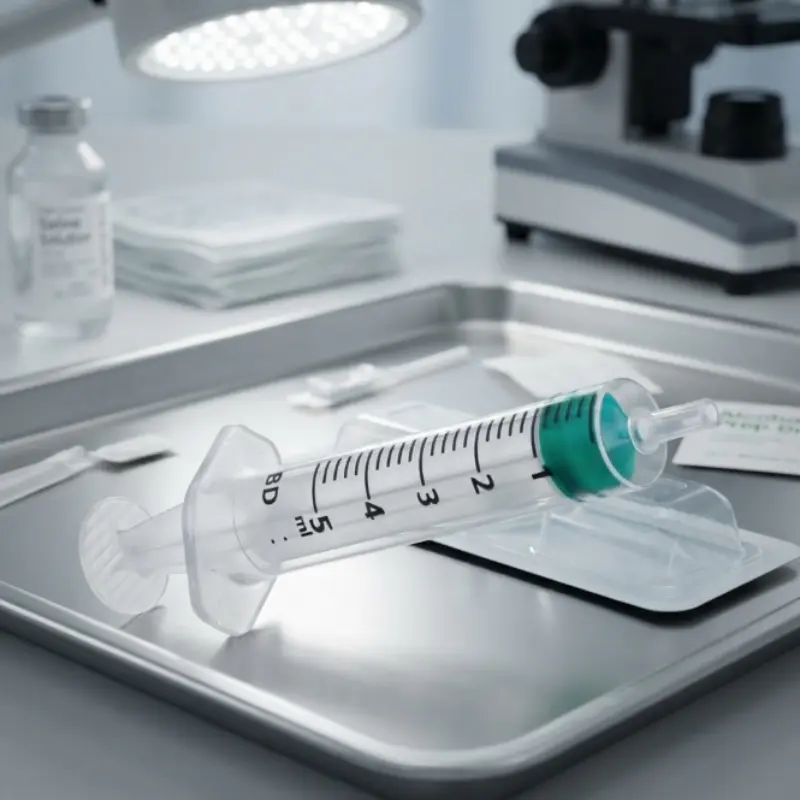 Jeringa de 3 cuerpos de 5 ml colocada sobre una bandeja de acero inoxidable en una mesa de exploración clínica.