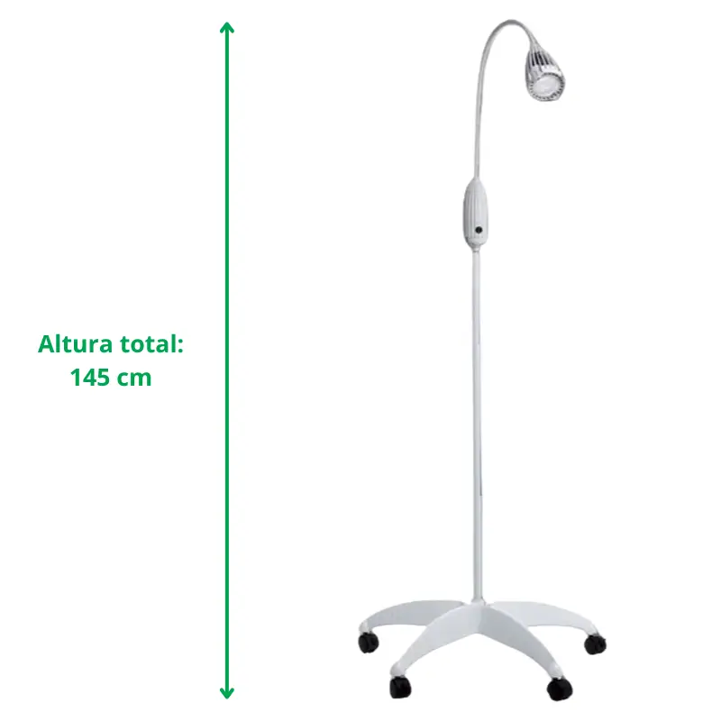 Lámpara halógena LUXIFLEX con ruedas y una altura total de 145 cm sobre fondo blanco.