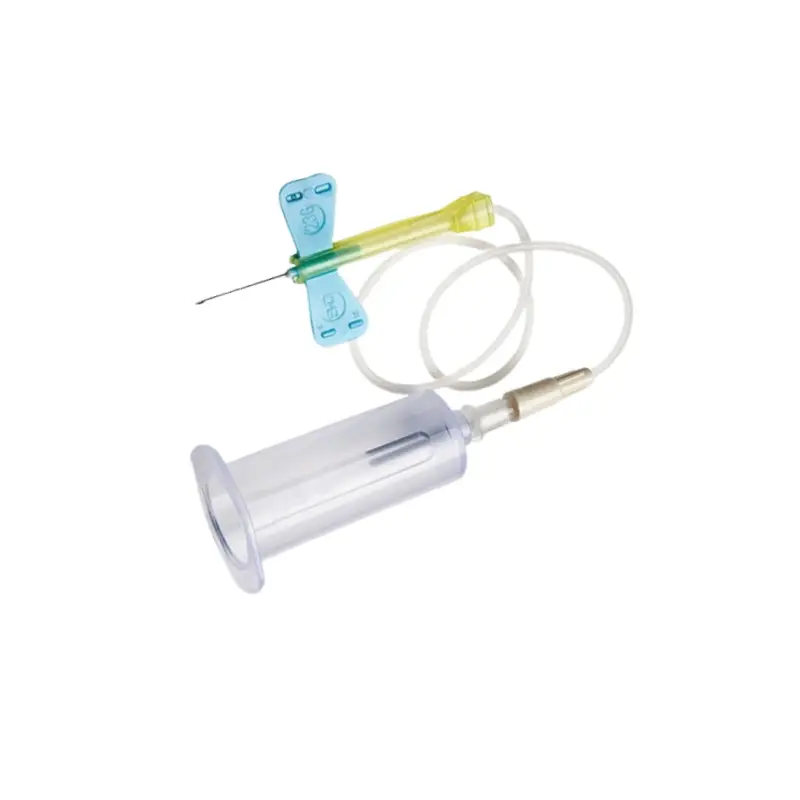 Conjunto de extracción de sangre BD Vacutainer Safety-Lok con aguja de aletas y portatubos transparente.