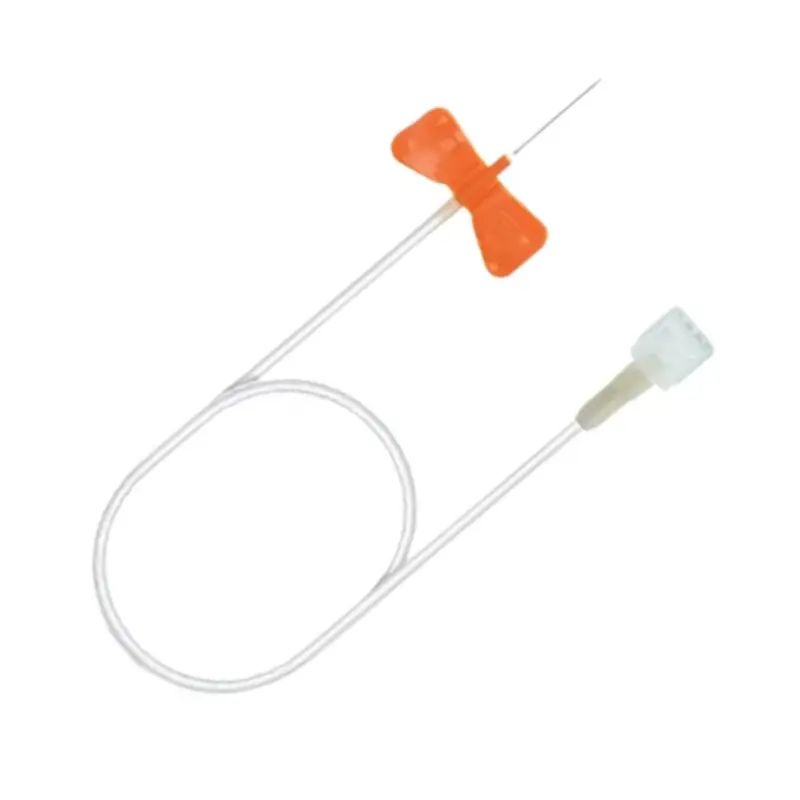 Palomilla de infusión Venofix 25G de 19 mm con aletas naranjas y tubo flexible sobre fondo blanco.