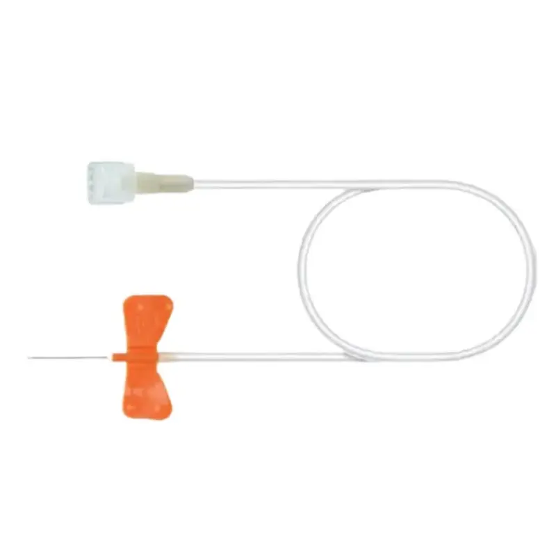 Palomilla de infusión Venofix 25G de 19 mm con aletas naranjas y tubo flexible sobre fondo blanco.