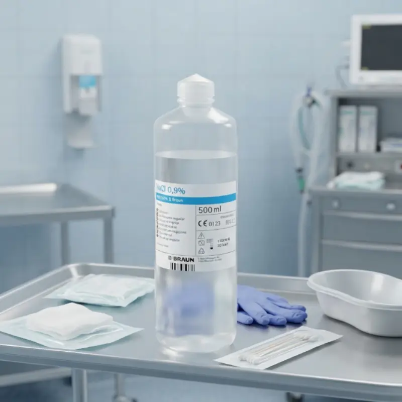 Frasco de suero fisiológico de irrigación B. Braun de 500 ml sobre una bandeja clínica con gasas y guantes.