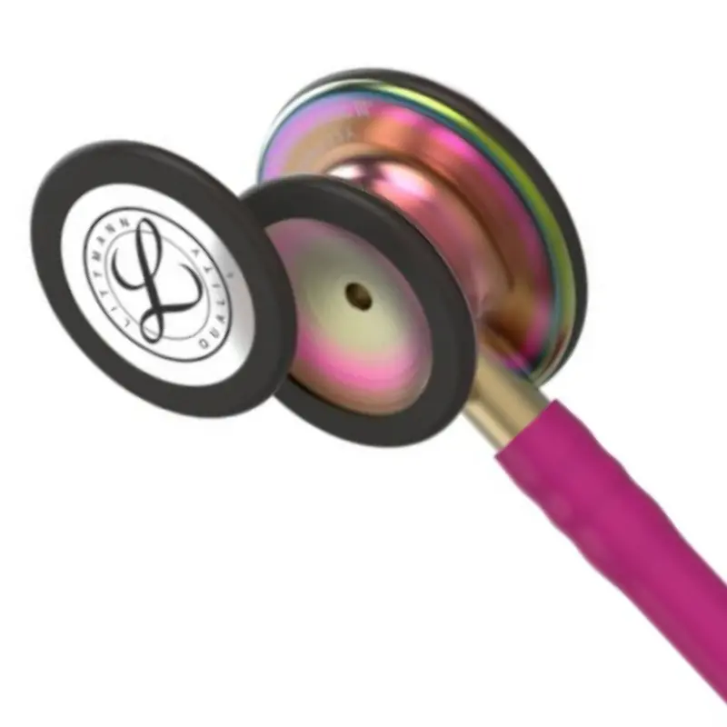 Campana de doble cara y membrana de un fonendoscopio Littmann Classic III con acabado de arcoíris y tubos frambuesa.