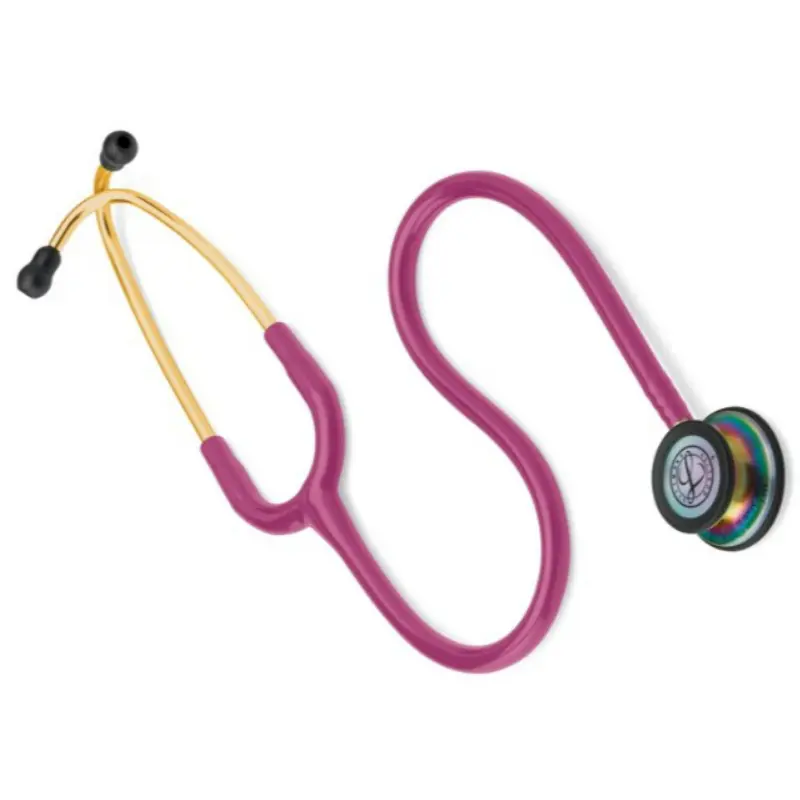 Fonendoscopio Littmann Classic III con tubos frambuesa, arco dorado y campana con acabado de arcoíris sobre fondo blanco.