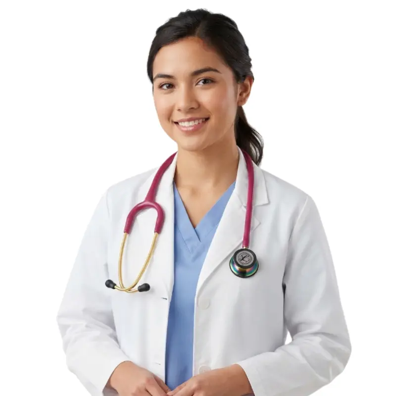 Profesional sanitaria con pijama azul y bata blanca sonriendo mientras lleva un fonendoscopio Littmann Classic III colgado al cuello.