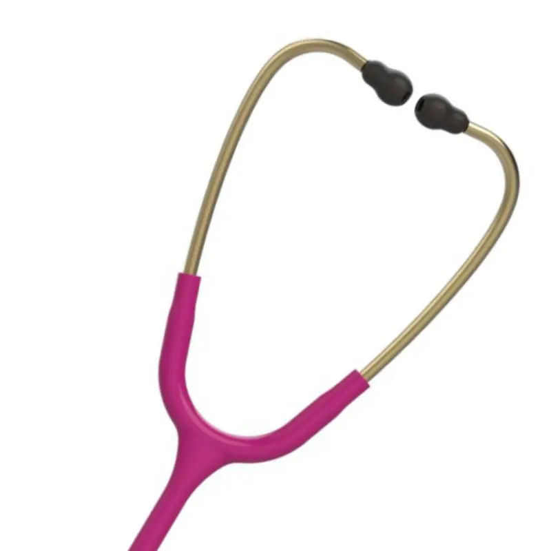 Arco metálico dorado y tubos en color frambuesa de un fonendoscopio Littmann Classic III.