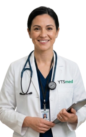 Primer plano mujer con logo YTSmed