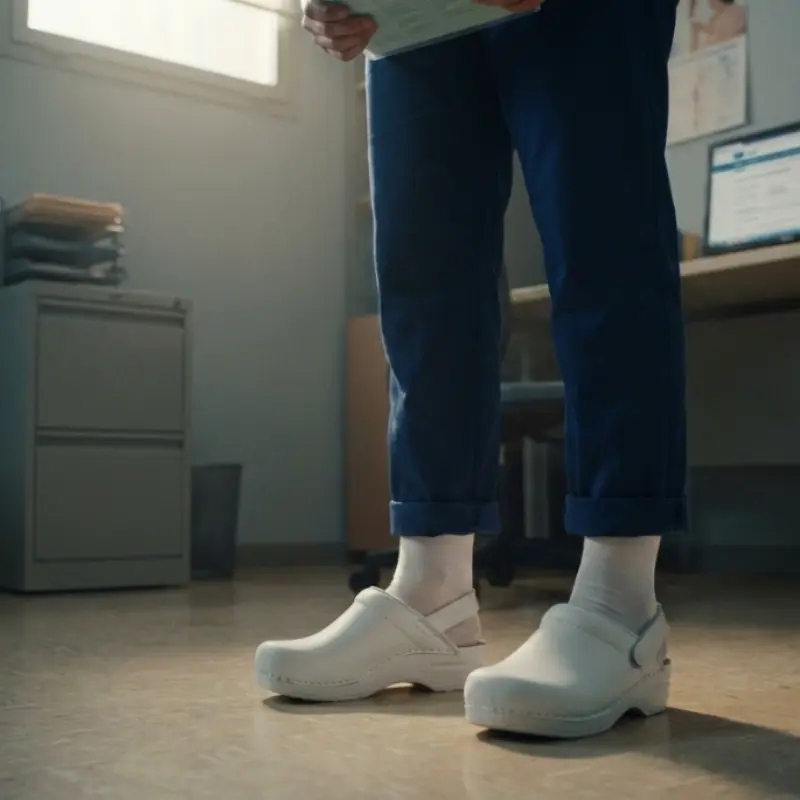 Personal sanitario con pijama azul y zuecos blancos utilizando calcetines compresivos en una consulta médica.