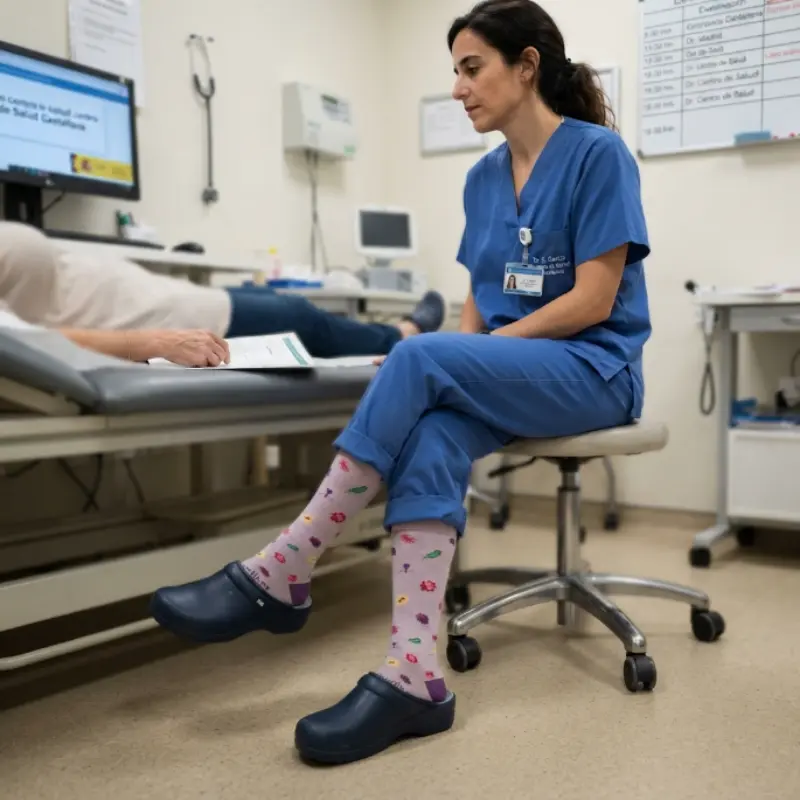 Profesional sanitario con pijama azul sentado en una consulta médica usando calcetines compresivos con estampado de bacterias.