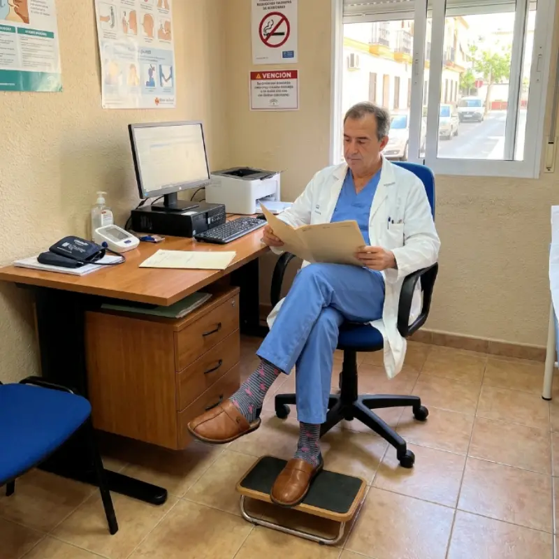 Sanitario sentado en su consulta revisando un expediente mientras luce calcetines compresivos con flamencos.