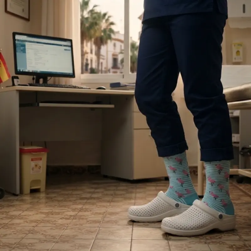 Sanitario con zuecos blancos y calcetines compresivos de flamencos en una consulta médica con escritorio al fondo.