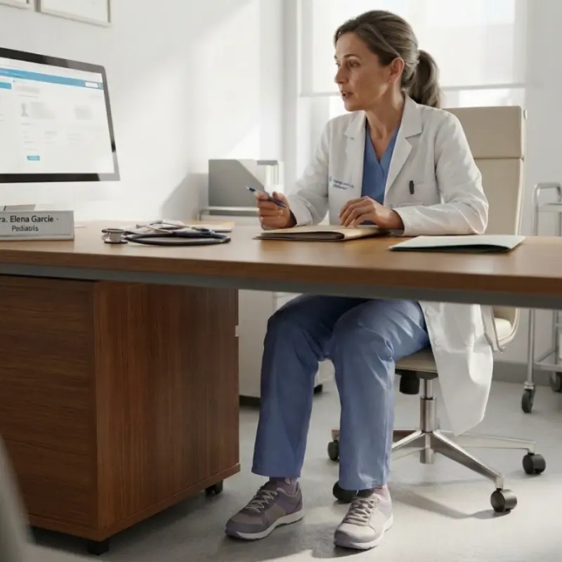 Pediatra con bata blanca y pijama azul sentado en su despacho examinando el historial médico en el ordenador.