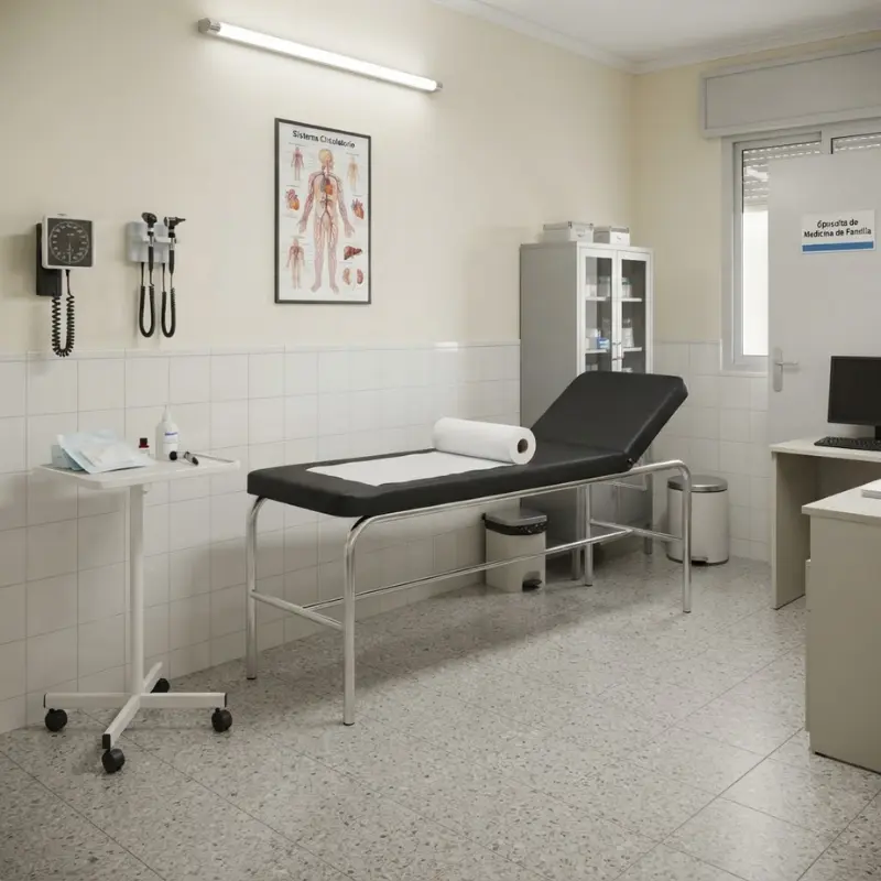 Consulta médica infantil equipada con una camilla fija pediátrica de dos cuerpos, mesa auxiliar, negatoscopio y mobiliario clínico.