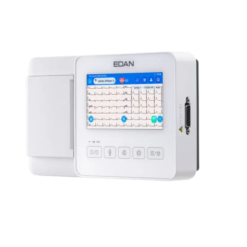 Electrocardiógrafo digital portátil EDAN SE-310 con pantalla táctil en color y compartimento para papel de registro.