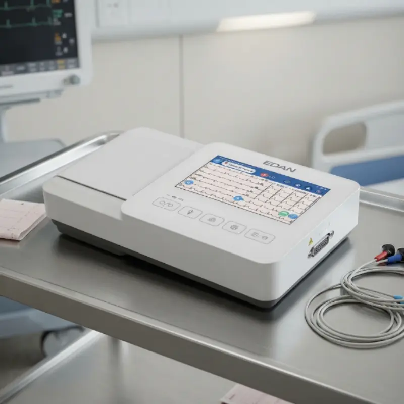 Electrocardiógrafo portátil EDAN SE-310 y cables de derivación sobre la superficie metálica de un carro clínico.