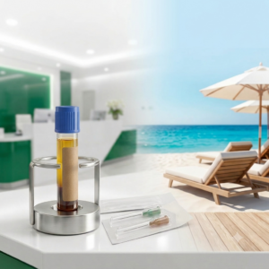 Composición visual dividida que muestra a la izquierda el mostrador clínico impecable de YTSmed con el vial PRP-Estival y agujas, y a la derecha una playa turquesa con tumbonas y sombrillas bajo el sol, ilustrando la viabilidad del tratamiento de PRP en verano.
