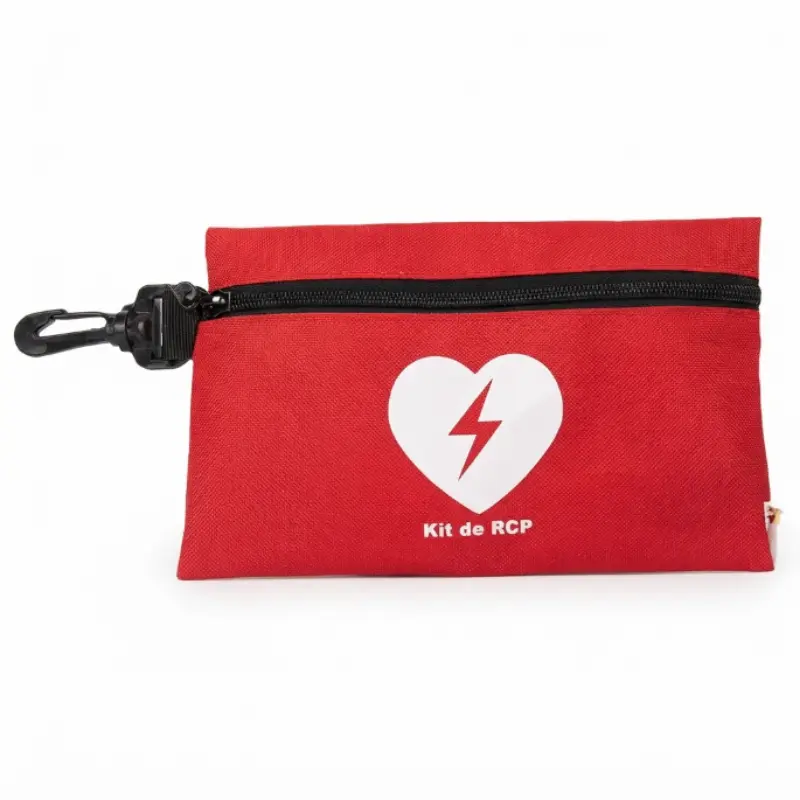Funda protectora roja de kit de RCP con cremallera negra y mosquetón de sujeción sobre fondo blanco.