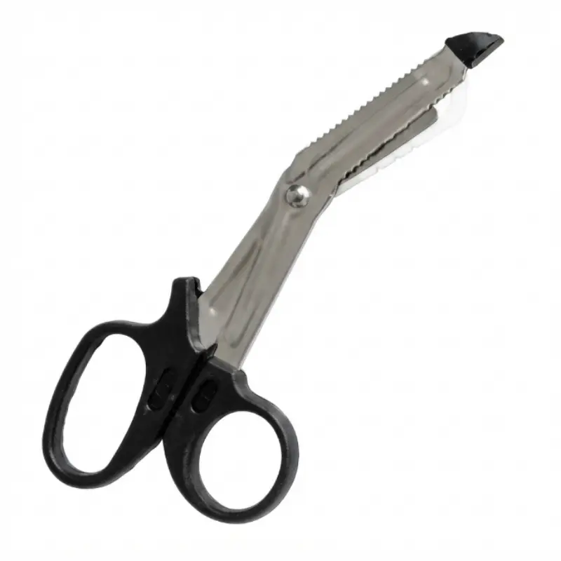 Tijera de rescate médica con hojas de acero inoxidable y mango ergonómico negro de plástico resistente.