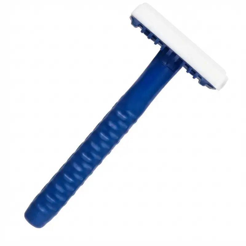 Rasuradora clínica desechable de color azul con protector en la hoja, diseñada para preparación cutánea de emergencia.