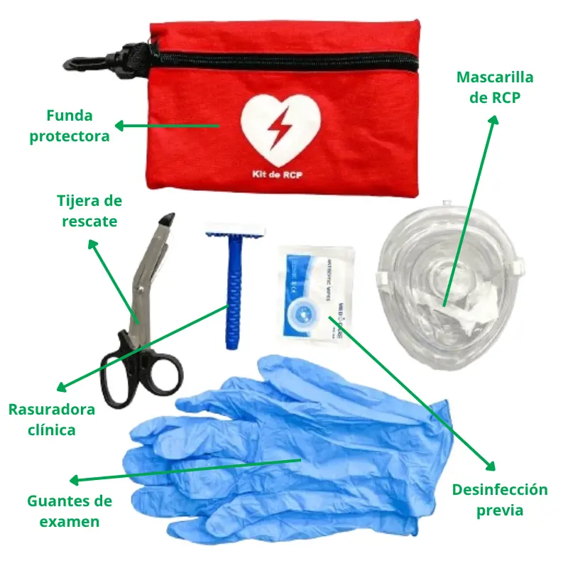 Kit de RCP de color rojo con sus componentes desplegados, incluyendo mascarilla, tijera de rescate, guantes y rasuradora.