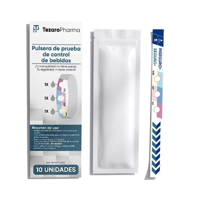 Pulsera Detectora de Drogas en Bebidas. Triple Detección de GHB, Ketamina y Flunitrazepam. Pack de 10 Tiras de Tezaro Pharma