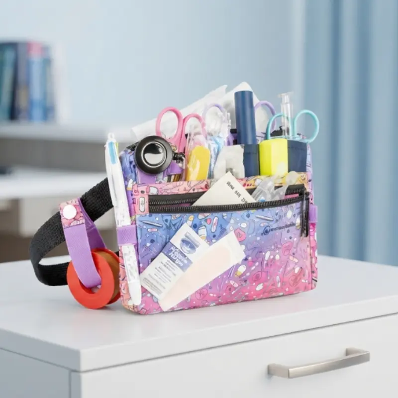 Riñonera organizador sanitaria Colorful con estampado multicolor llena de instrumental médico y tijeras sobre una superficie blanca.