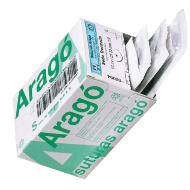 Caja dispensadora de sutura no absorbible de seda Aragó mostrando sobres estériles en su parte superior.