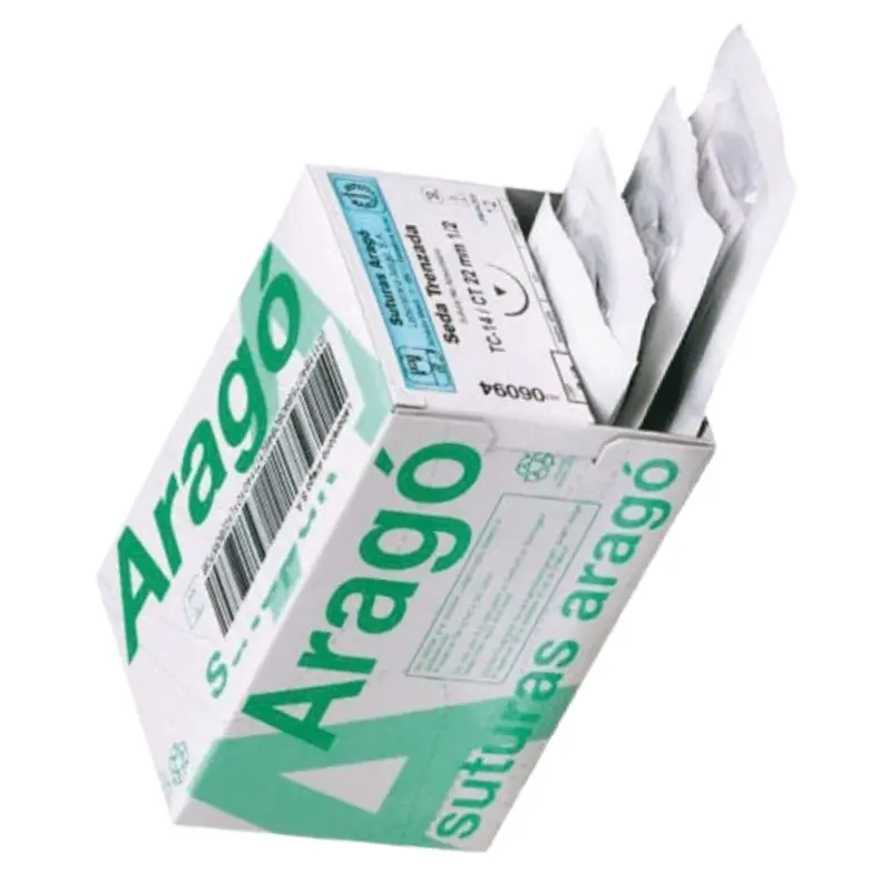 Caja dispensadora de sutura no absorbible de seda Aragó mostrando sobres estériles en su parte superior.