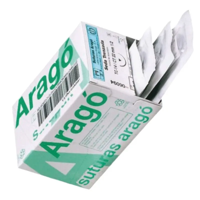 Caja dispensadora de sutura no absorbible de seda Aragó mostrando varios sobres estériles individuales en la parte superior.