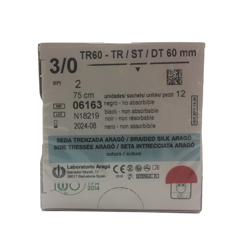 Sutura No Absorbible. SEDA TR60 60mm 75cm Aguja Recta. Triangular. 12 Ud. Aragó