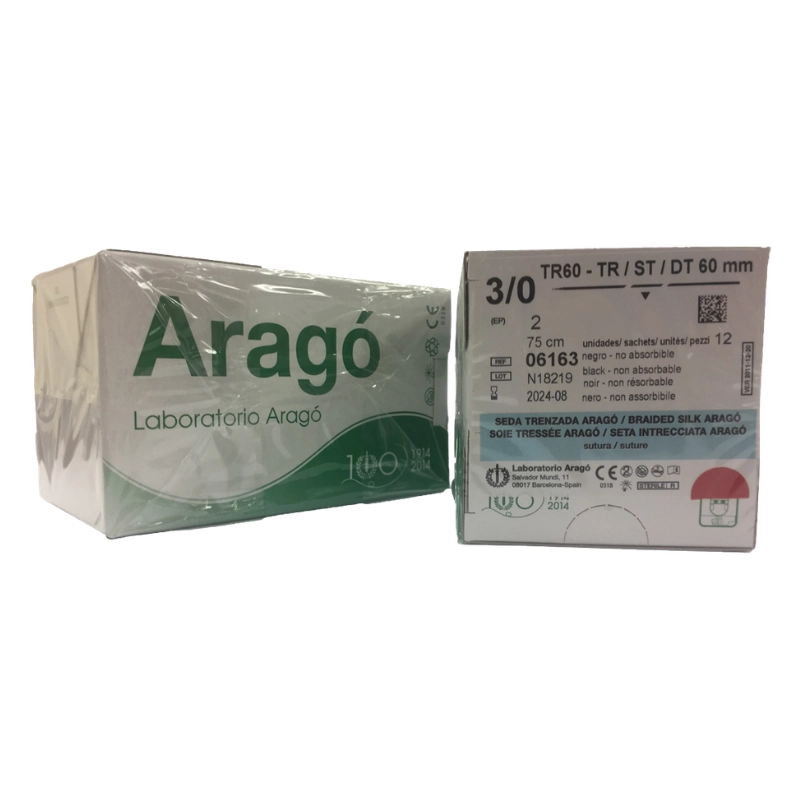 Sutura No Absorbible. SEDA TR60 60mm 75cm Aguja Recta. Triangular. 12 Ud. Aragó