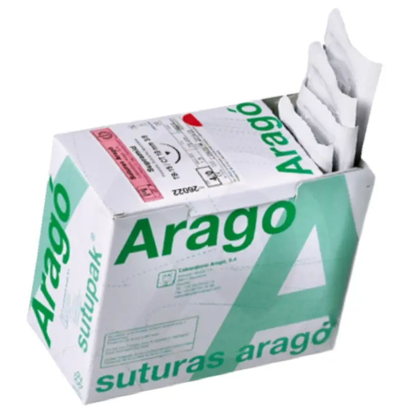 Caja dispensadora de sutura no absorbible Supramid Aragó con sobres estériles en la parte superior sobre fondo blanco.