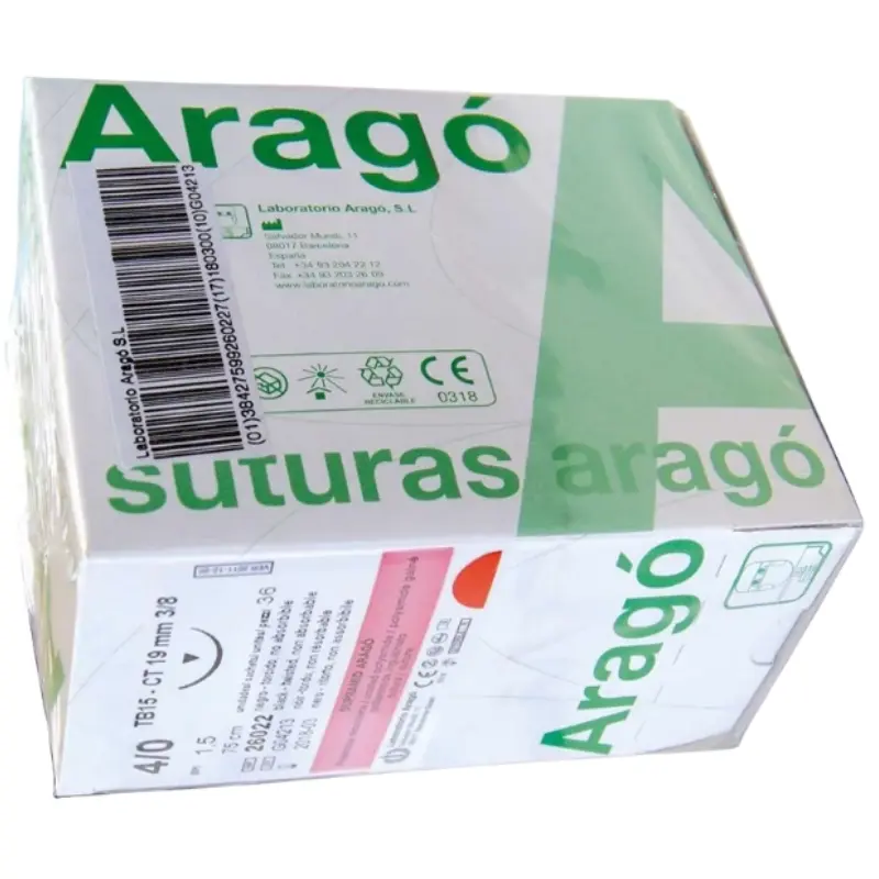 Caja de sutura no absorbible Supramid Aragó con código de barras superior y etiqueta identificativa.