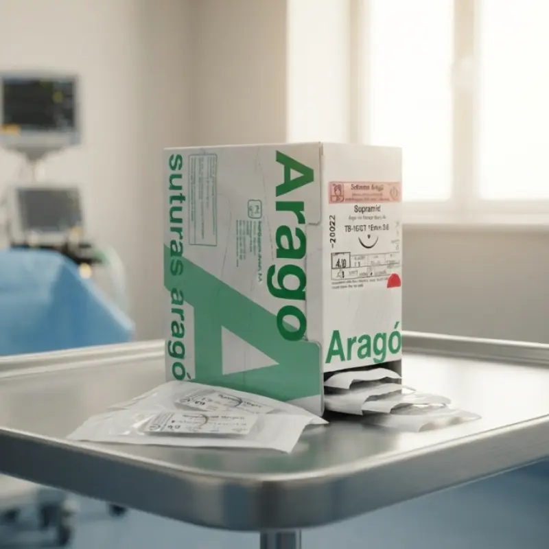 Caja de sutura no absorbible Supramid Aragó y sobres estériles sobre una mesa metálica en una sala clínica.
