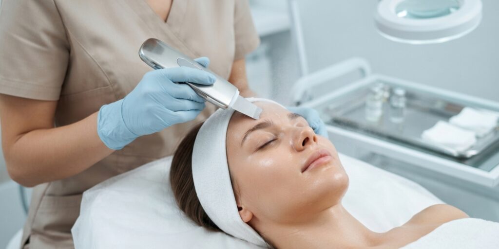 Profesional realizando peeling ultrasónico sobre la piel de una paciente para limpieza profunda en cabina estética.