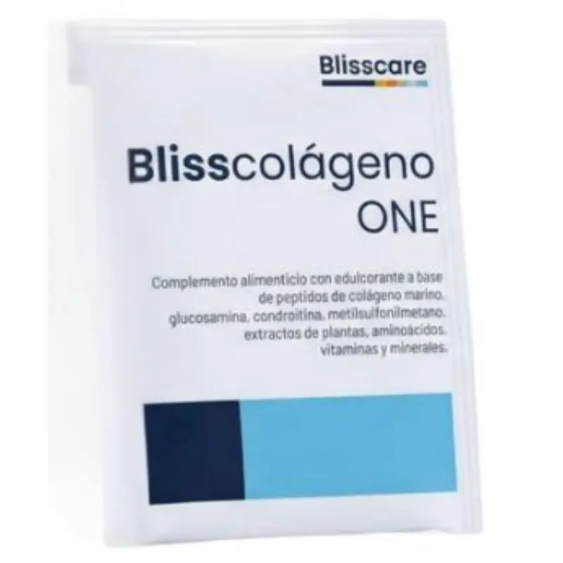 Sobre individual de Blisscolágeno One con información de su fórmula a base de péptidos de colágeno marino.