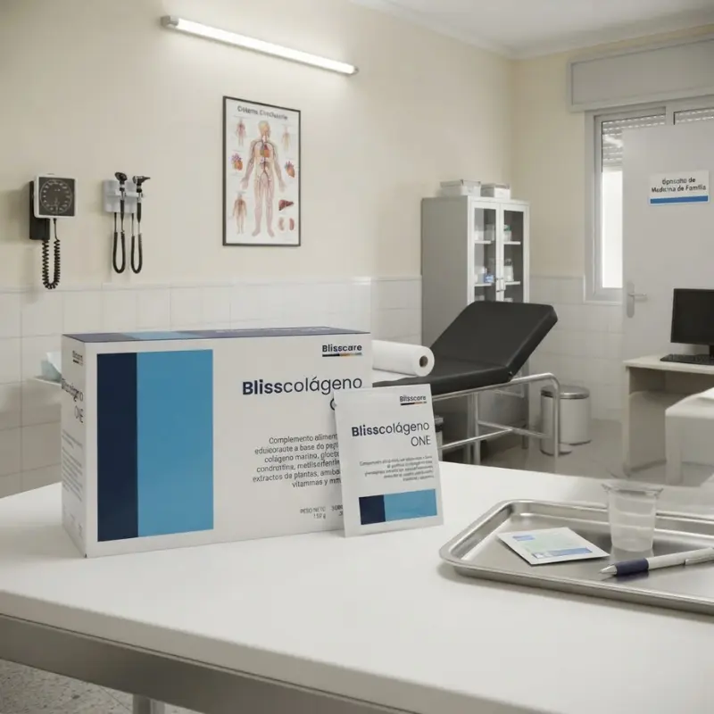 Caja y sobre monodosis del complemento alimenticio Blisscolágeno One sobre una mesa clínica en una consulta médica.