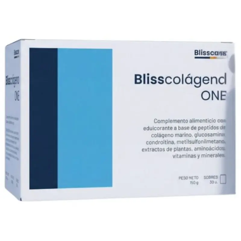 Caja de Blisscolágeno One, complemento alimenticio en sobres a base de péptidos de colágeno marino.