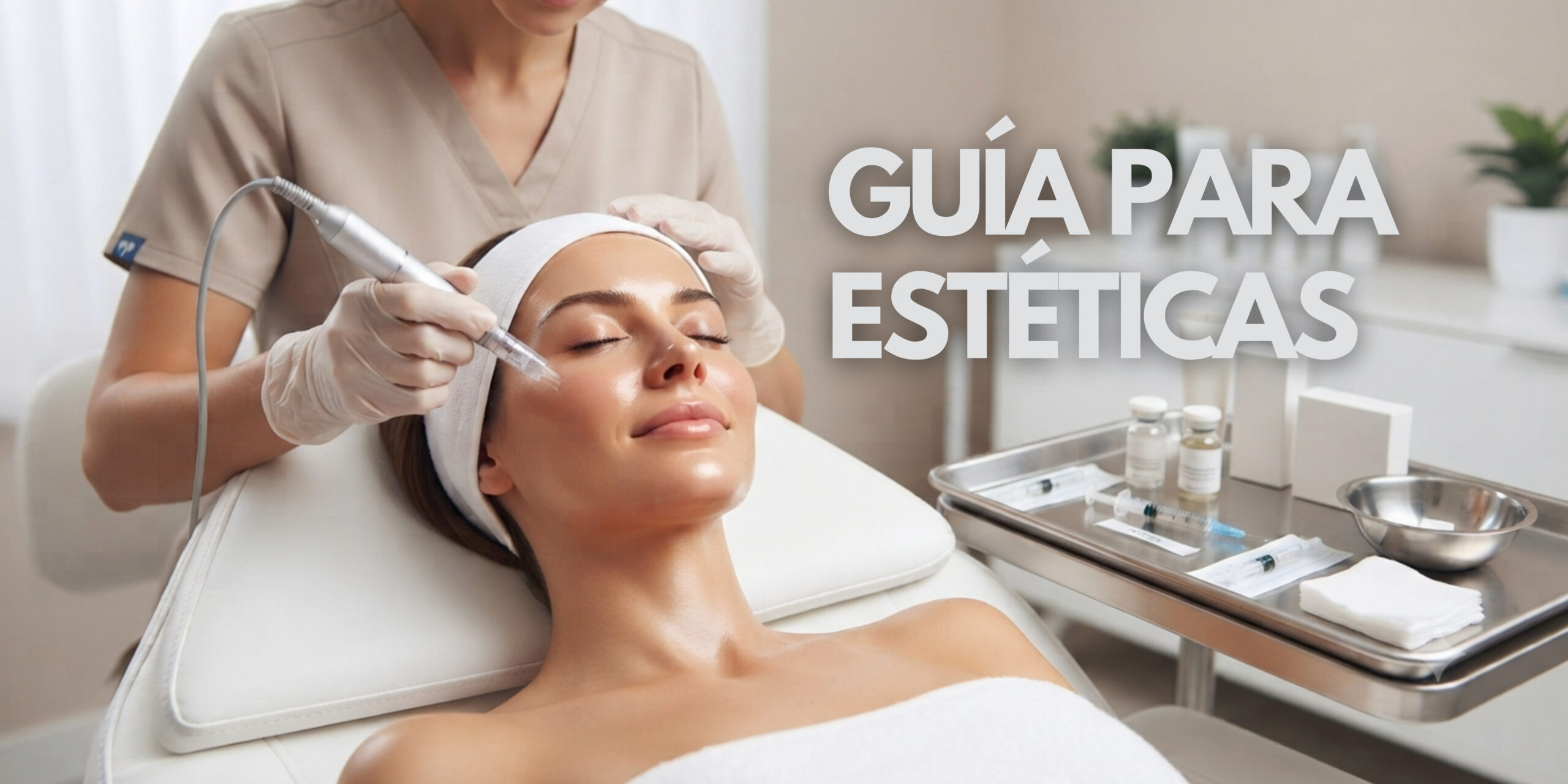 Procedimiento de microneedling en una clínica estética moderna sobre una cliente con piel radiante, acompañado de la bandeja de herramientas y el texto superpuesto "GUÍA PARA ESTÉTICAS".