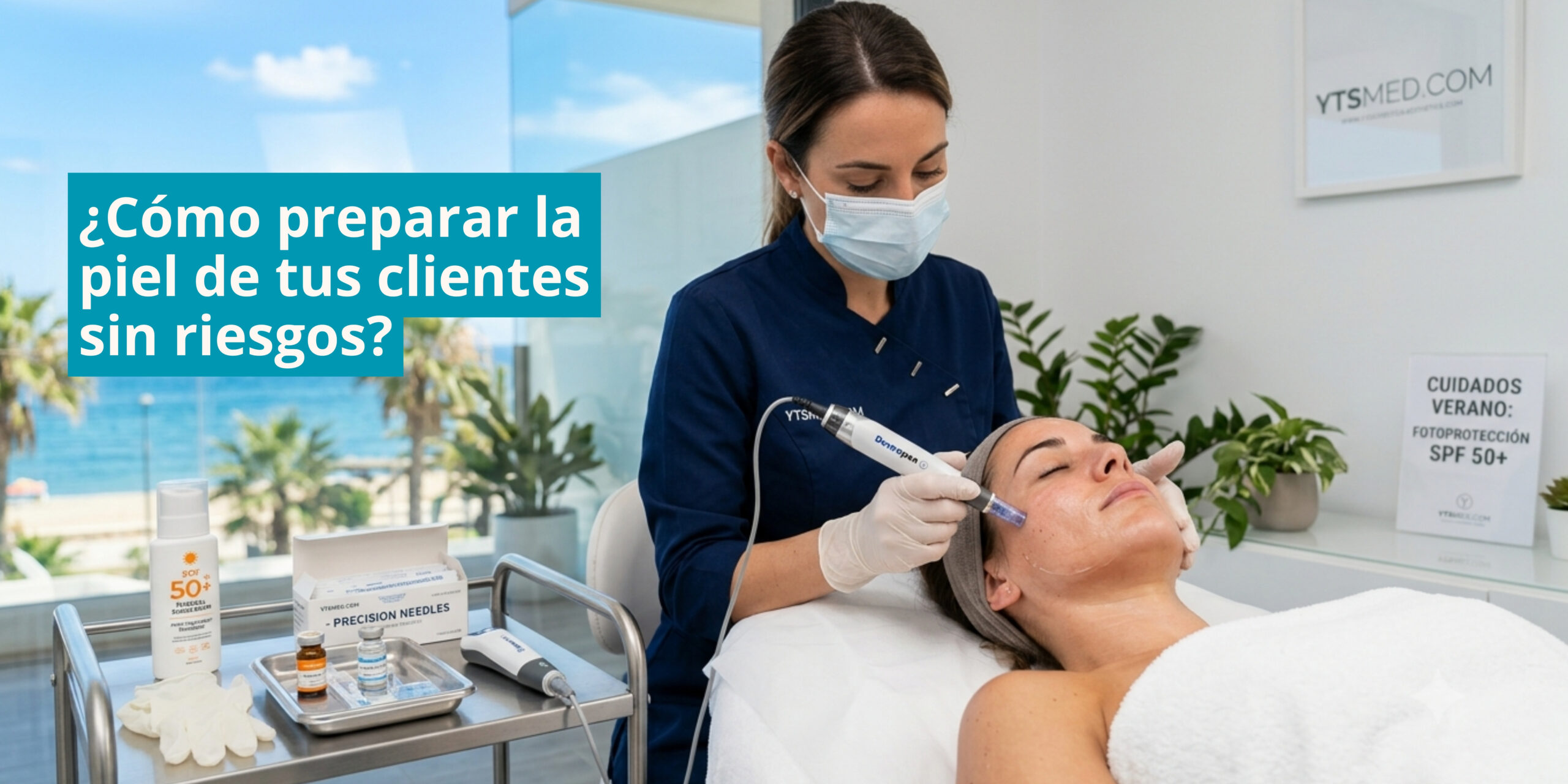 Especialista de estética realizando un tratamiento facial con Dermapen a una paciente en una clínica luminosa con vistas al mar, junto a un carrito con material médico y protector solar SPF 50.