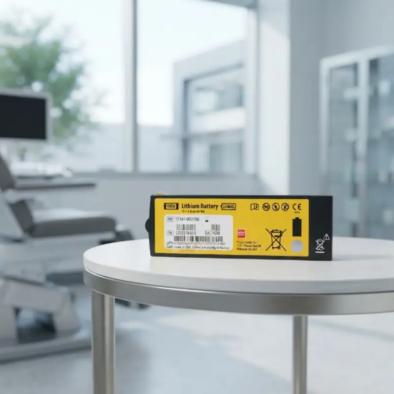 Batería de litio Physio-Control Lifepak 1000 sobre una mesa blanca redonda en una sala clínica luminosa.