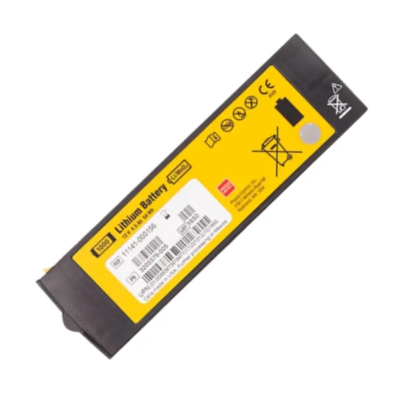 Batería de litio Physio-Control Lifepak 1000 con etiqueta amarilla y detalles técnicos sobre fondo blanco.
