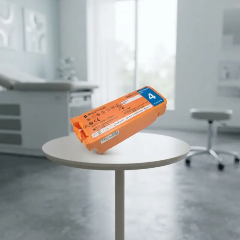 Batería naranja para desfibriladores Nihon Kohden AED-2100 dispuesta sobre una mesa circular en una clínica.