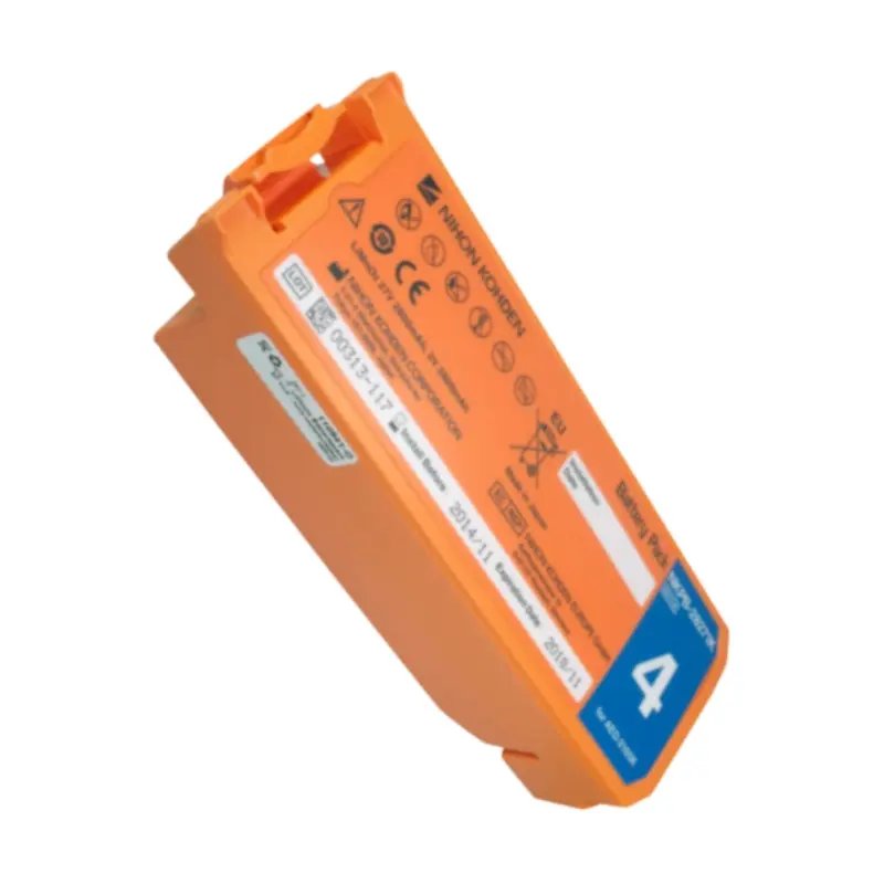 Batería naranja original Nihon Kohden NK-SB-201V para desfibriladores de la serie AED-2100 sobre fondo blanco.
