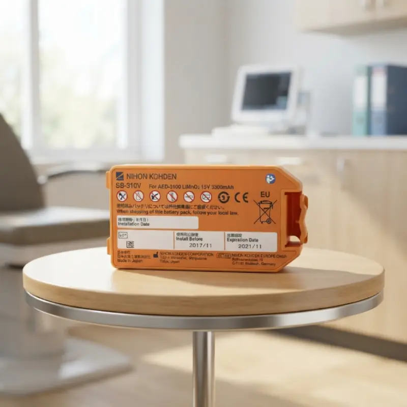 Batería naranja Nihon Kohden SB-310V para desfibrilador AED-3100 colocada sobre una pequeña mesa redonda de madera en una consulta.